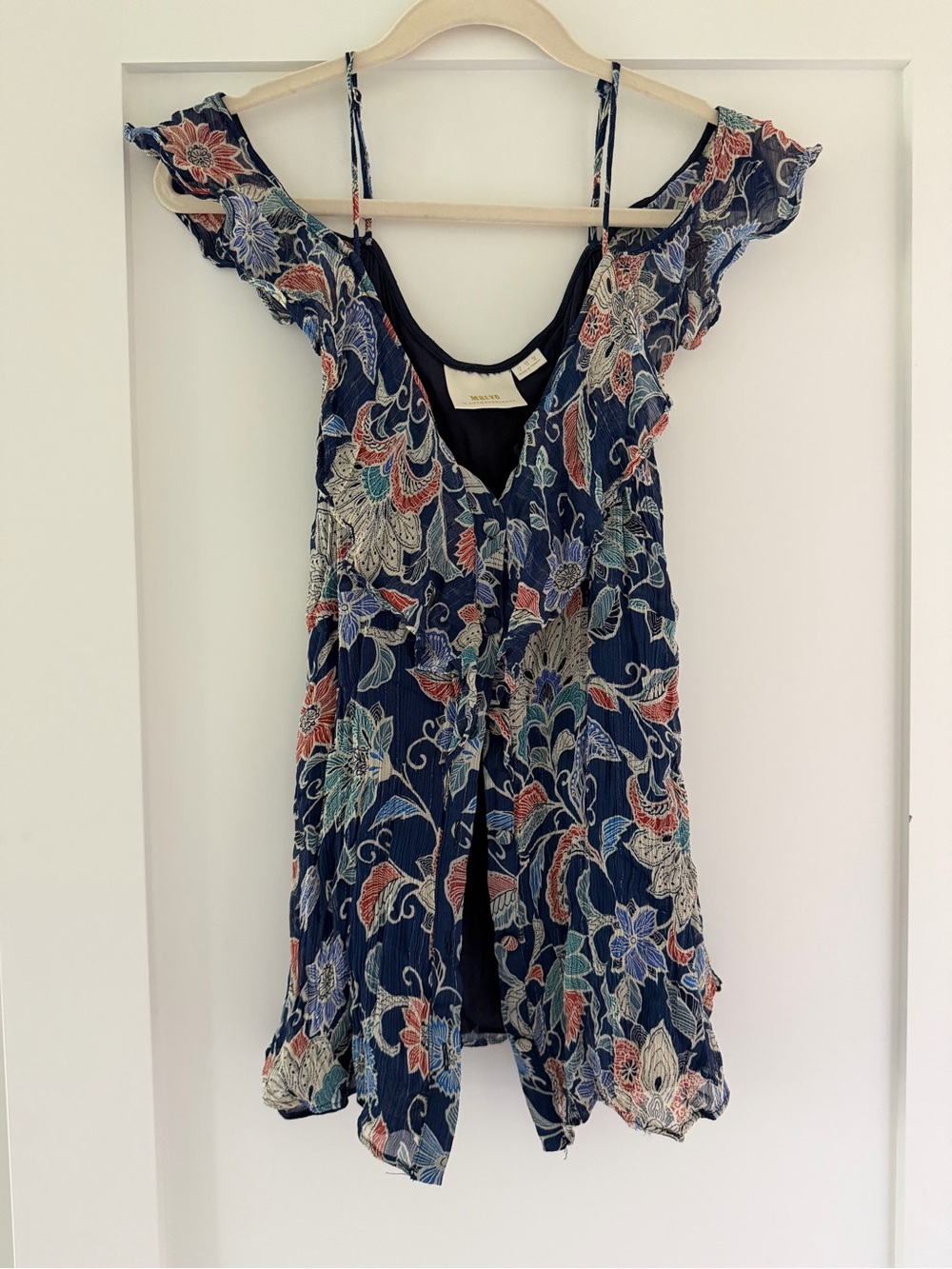 Anthropologie Navy Floral Ruffle Cold-Shoulder Top with Butterfly Wing Sleeve